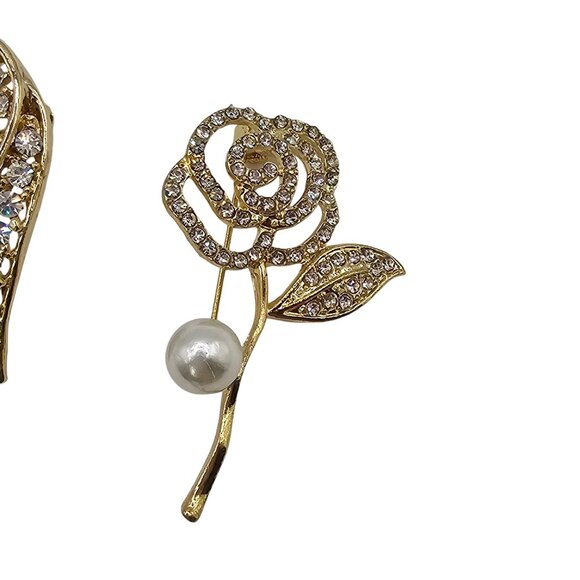 VTG Brooch Set 2PC Gold Tone Clear Rhinestone Rose Faux Pearl Heart Jewelry Pins - Picture 5 of 10
